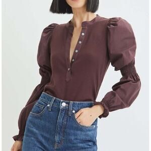 Veronica Beard Effy Maroon Purple Long Puff Smocked Sleeve V-neck Ribbed Top